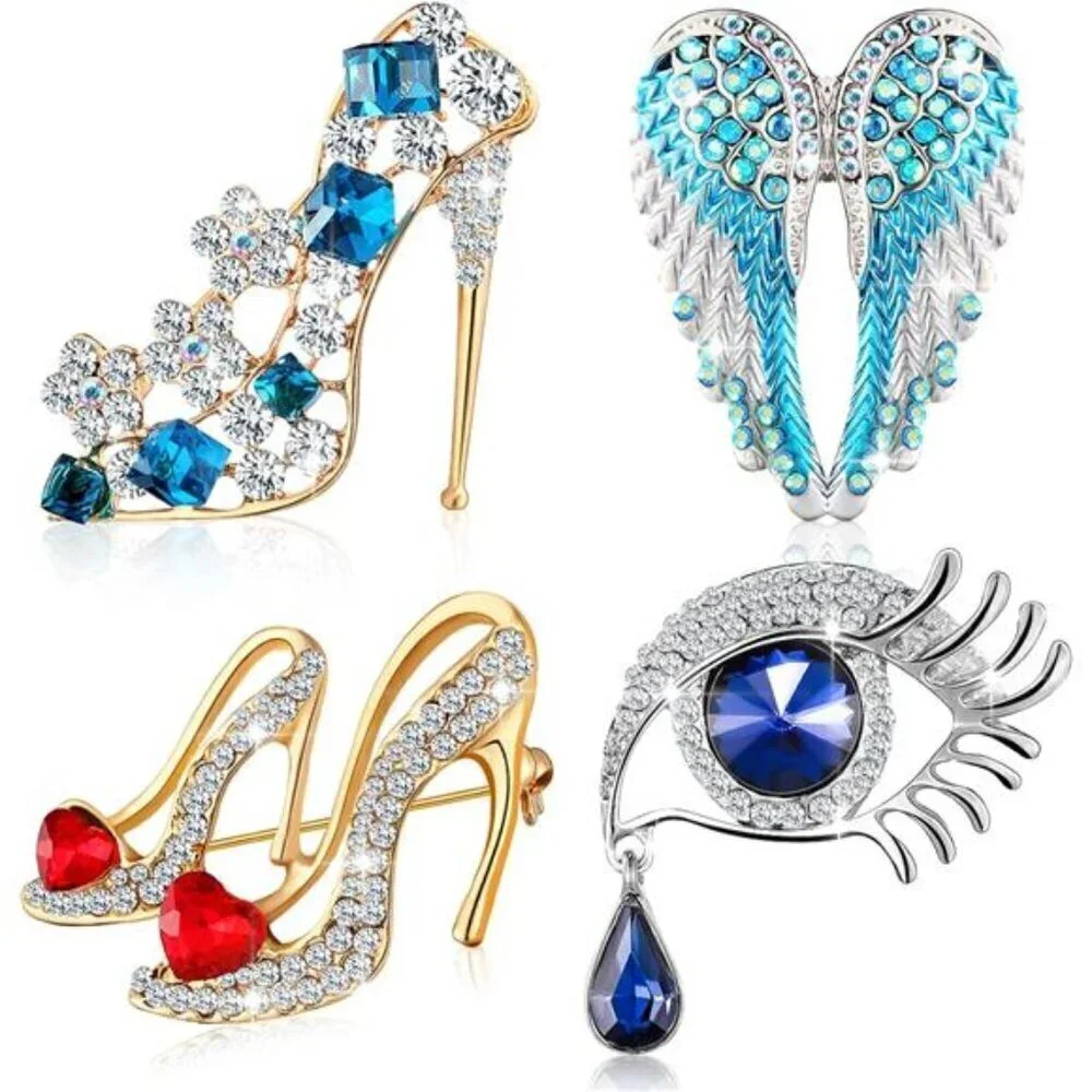 Elegant Crystal Brooch Set – High Heels, Angel Wings, and Eye Designs (4-Piece)